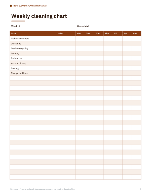 Preview of Printable Weekly Cleaning Schedule Chart
